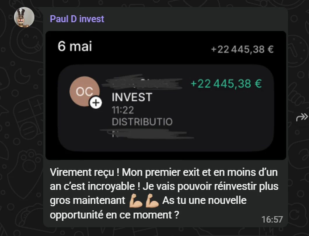 Message WhatsApp de Paul du 6 mai : il a reçu le virement de sa première revente